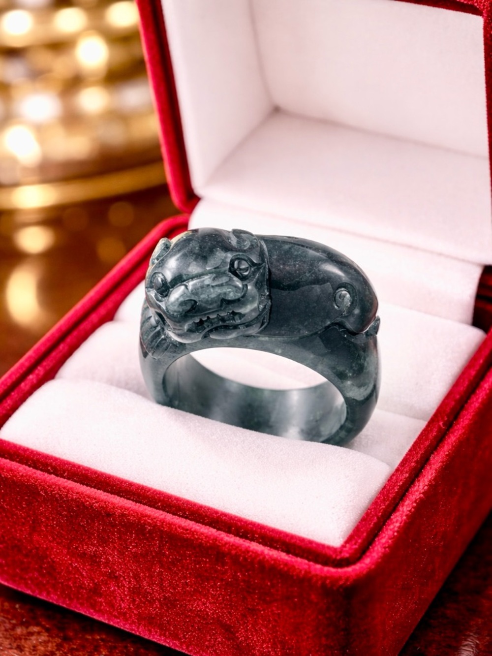 Guatemalan Olmec jadeite Jade Carved Pixiu 60.00 Ctw Ring